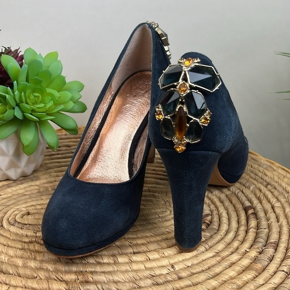 Miss Albright Suede Heels Pumps Navy Rhinestone Leather 6 Minnie Anthro Jewel - Picture 1 of 8